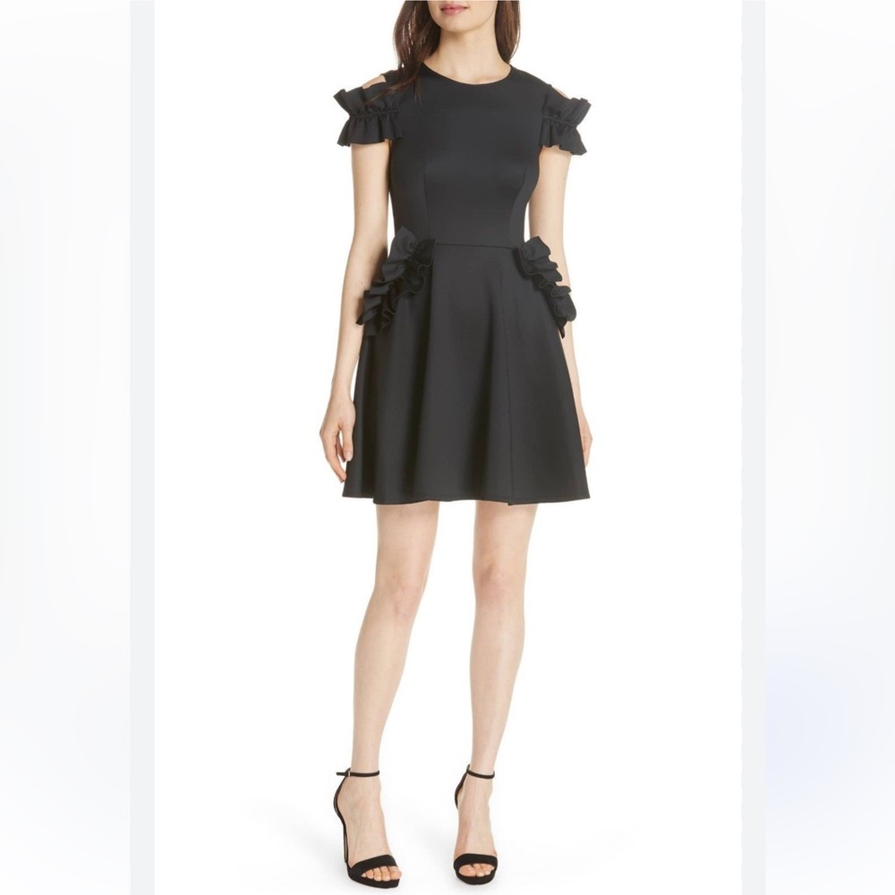 Ted Baker London Deneese Black Ruffle Stretch Mini Dress-Elegant Cold Shoulder